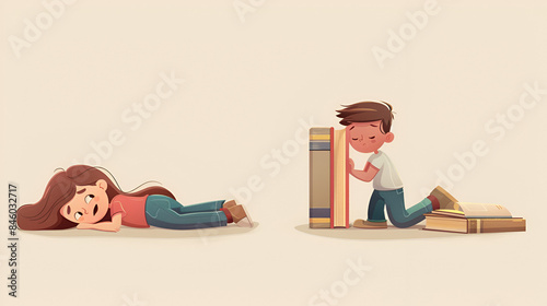 Kids reading books for school or library concept. Cartoon vector illustration set of little boy and girl laying and standing on big literature with hardcovers. Cute children study or enjoy textbooks.