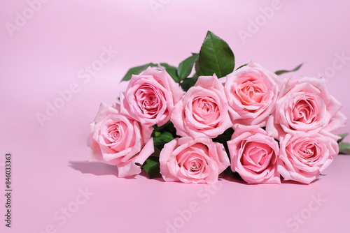 Pink fresh roses flowers, floral card, product background