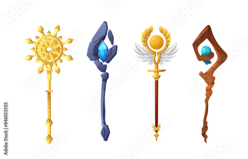 Set of different magic staff flat style, vector illustration