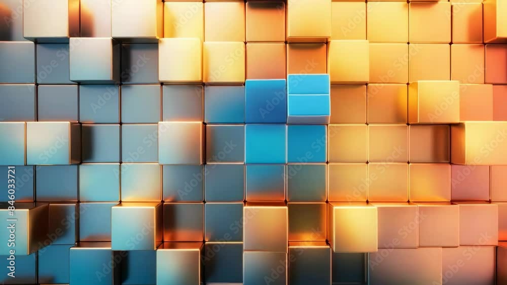 Abstract 3D render of gradient cubes arranged in a grid pattern. Warm and cool tones create a vibrant, dynamic composition. Suitable for modern decor or digital backgrounds.
