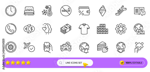 Internet notification, Bed and International delivery line icons for web app. Pack of Escalator, Ice cream, Time pictogram icons. Puzzle, Money exchange, Car leasing signs. Usd currency. Vector