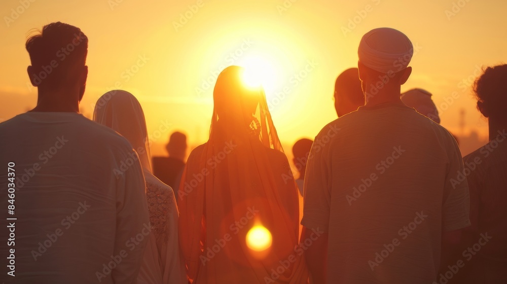 Fototapeta premium As the sun sets behind them a group of individuals from various religions and backgrounds come together in a powerful display of unity . .