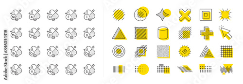 Food supplements capsules, Multivitamin pills and Healthy nutrition set. Design shape elements. Minerals line icons. Chemistry minerals, aluminium capsules and calcium vitamins line icons. Vector
