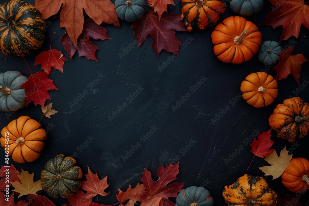 A variety of pumpkins and autumn leaves arranged on a dark background, ideal for fall and Halloween-themed projects and decor. Flat Lay. Copy space. Top view A variety of pumpkins and autumn leaves arranged on a dark background, ideal for fall and Halloween-themed projects and decor. Flat Lay. Copy space. Top view