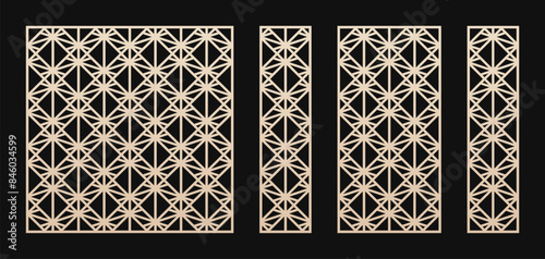 Laser cut panel set. Vector template with abstract geometric pattern, grid, lattice, lines,  squares, triangles. Decorative stencil for laser cutting of wood, metal, paper. Aspect ratio 1:1, 1:4, 1:2