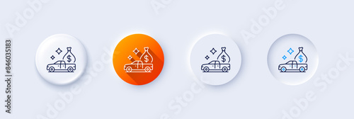 Cash transit line icon. Neumorphic, Orange gradient, 3d pin buttons. Money collector car sign. Cash collection machine symbol. Line icons. Neumorphic buttons with outline signs. Vector