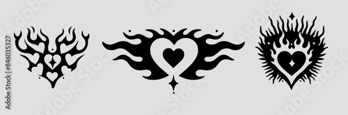 Set of elegant heart-shaped tattoos in the Y2K neo-tribal aesthetic.