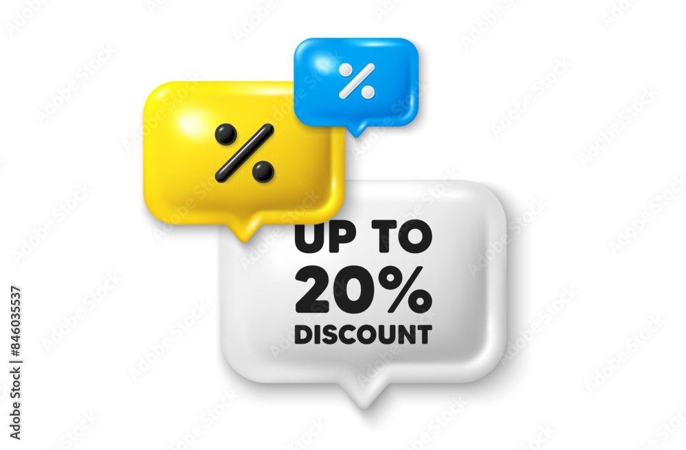Discount speech bubble offer 3d icon. Up to 20 percent discount. Sale offer price sign. Special offer symbol. Save 20 percentages. Discount tag discount offer. Speech bubble sale banner. Vector Discount speech bubble offer 3d icon. Up to 20 percent discount. Sale offer price sign. Special offer symbol. Save 20 percentages. Discount tag discount offer. Speech bubble sale banner. Vector