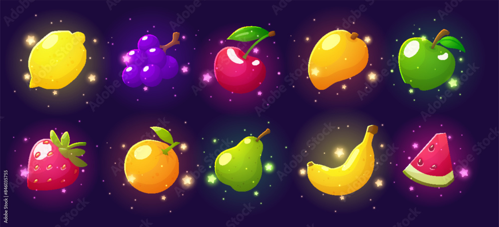 Fruit game icons or puzzle ui elements, realistic vector illustration isolated. Fruit game icons or puzzle ui elements, realistic vector illustration isolated.
