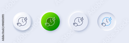 Charging time line icon. Neumorphic, Green gradient, 3d pin buttons. Charge accumulator sign. Electric power symbol. Line icons. Neumorphic buttons with outline signs. Vector