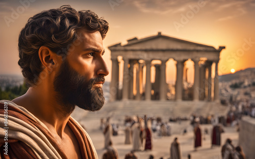 An Apostle preaching in Athens, the warm hues of a Mediterranean sunset enveloping the ancient city photo