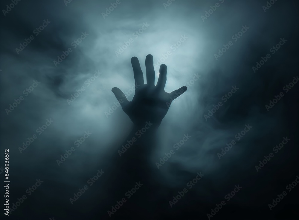 A hand reaching up through thick, swirling fog, creating a spooky and mysterious atmosphere. Ideal for Halloween and horror-themed designs. A hand reaching up through thick, swirling fog, creating a spooky and mysterious atmosphere. Ideal for Halloween and horror-themed designs.