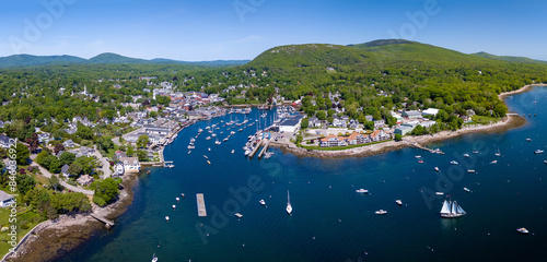 Aerial panoramic view of Camden, Maine, USA. June 2, 2024.  photo