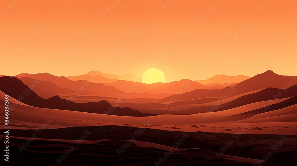 Naklejka premium Breathtaking Sunset Over a Vast Desert Landscape with Mountains and Valleys