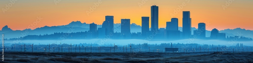 Stunning City Skyline at Sunrise with Misty Mountain Backgrounds and Vibrant Orange Hue Illuminating the Urban Landscape