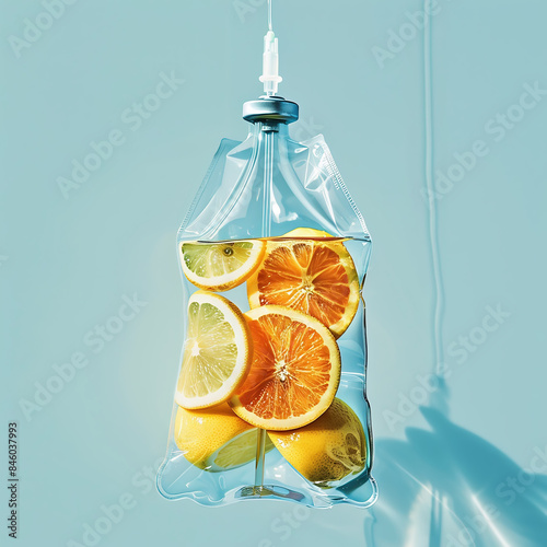 Iv drip filled with fruits isolated on blue background, IV Vitamin Therapy concept, Generative ai photo