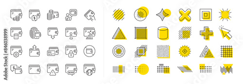 Money transfer, Credit card payment, Withdraw funds icons. Design shape elements. Wallet line icons. Cash purse, Fingerprint access and online Wallet. Vector