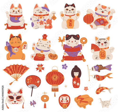 Japanese Maneki Neko figurines, lucky cat holds talismans wealth and traditional success fortunes symbols vector set