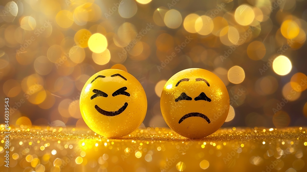 Happy and sad emoji smiley faces or comedy and tragedy on golden background
