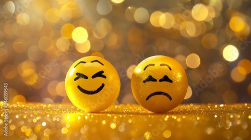 Obraz na płótnie Happy and sad emoji smiley faces or comedy and tragedy on golden background w salonie