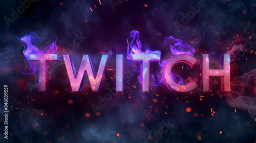 The Twitch logo, rendered in 3D, is engulfed in vibrant purple flames against a backdrop of swirling smoke and sparks