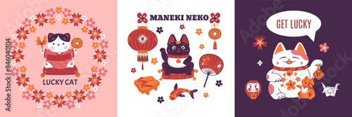 Set of squared banners or postcards with cute maneki neko cats and texts