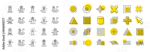 Searchlight tower with seagull for marine navigation of ships. Design shape elements. Lighthouse line icons. Sea pharos, lighthouse or beacon icons. Vector