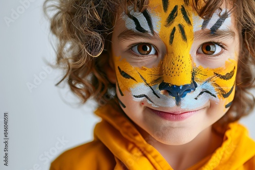 Child with playful animal face paint  minimalist portrait emphasizing eyes on white background © Andrei