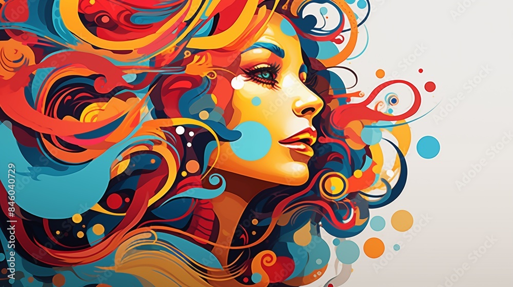 Vibrant Woman's Profile with Flowing Colorful Hair in Abstract Art Vibrant Woman's Profile with Flowing Colorful Hair in Abstract Art