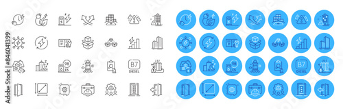 Night city, Construction toolbox and Parcel shipping line icons pack. Door, Engineering team, Square area web icon. Open door, Entrance, Charging time pictogram. Renewable power. Vector