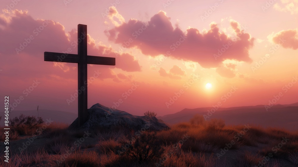 A wooden cross on a hill at sunset, with a serene sky in the background, capturing a peaceful memorial scene. Perfect for themes of reflection and tranquility. A wooden cross on a hill at sunset, with a serene sky in the background, capturing a peaceful memorial scene. Perfect for themes of reflection and tranquility.