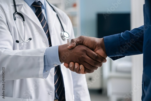 A doctor shaking hands with a patient in a professional clinic setting