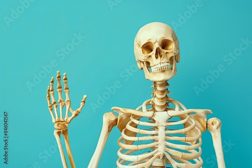 A skeleton figure waving against a teal background, creating a quirky and eye-catching Halloween decoration. Perfect for festive and modern themes.