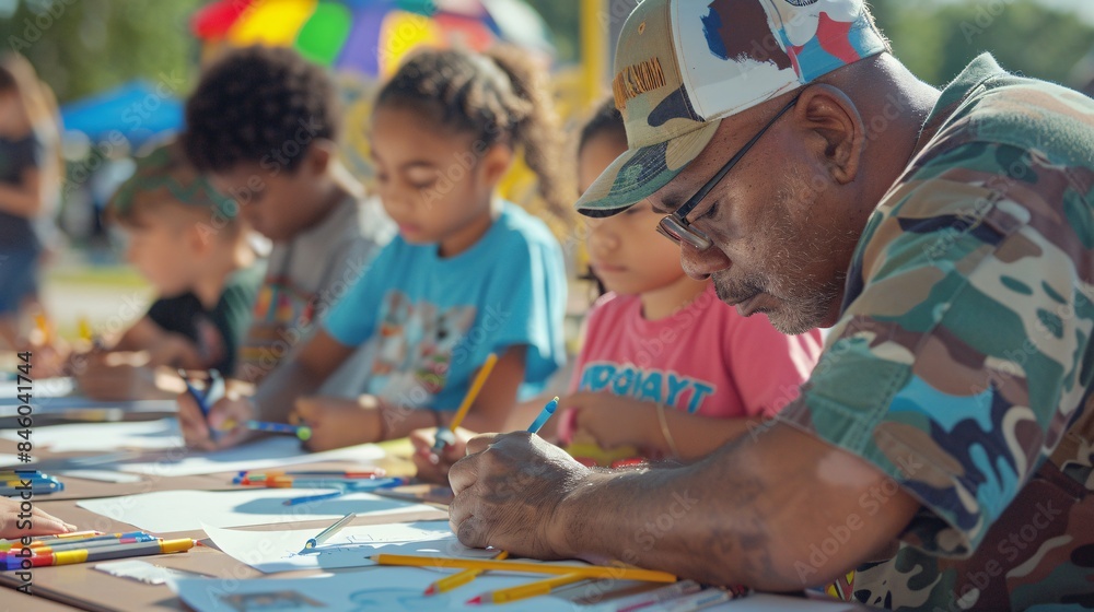Man and Children Drawing Together. Man and Children Drawing Together.