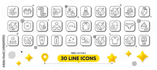 24 hours, Sun protection and Panties line icons pack. 3d design elements. Wash hands, Sleep, Dress web icon. Vitamin h1, Uv protection, T-shirt pictogram. Vitamin a, Night cream, Scarf. Vector