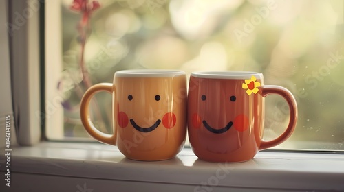Happy similing face mug couple on a window sill cuddle cup of coffee on support relationship
