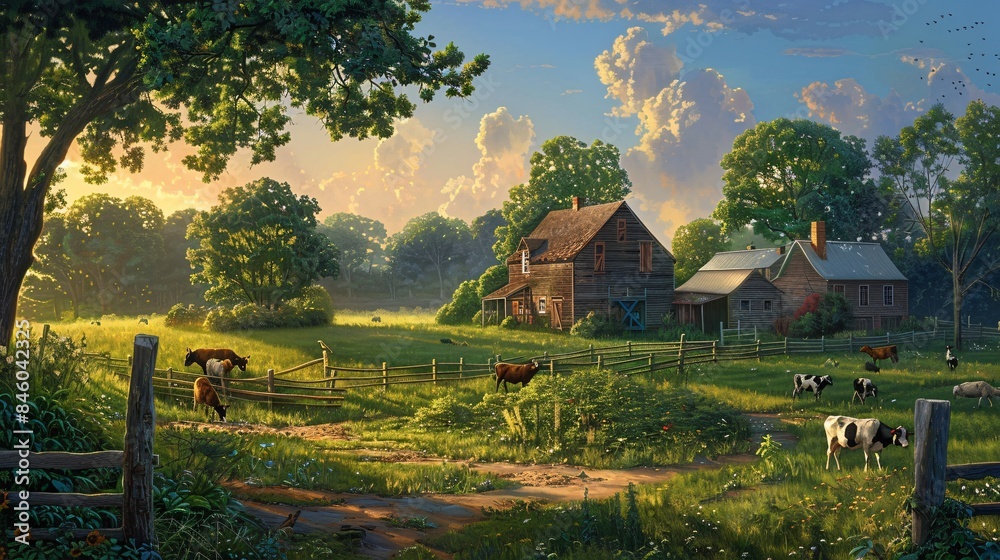 Rural Countryside with Cows and Farmhouses. Rural Countryside with Cows and Farmhouses.