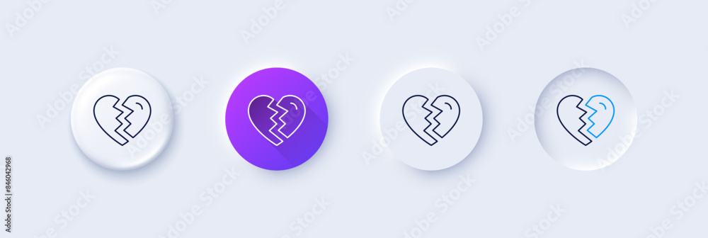 Break up Love line icon. Neumorphic, Purple gradient, 3d pin buttons. Divorce sign. Valentines day symbol. Line icons. Neumorphic buttons with outline signs. Vector Break up Love line icon. Neumorphic, Purple gradient, 3d pin buttons. Divorce sign. Valentines day symbol. Line icons. Neumorphic buttons with outline signs. Vector