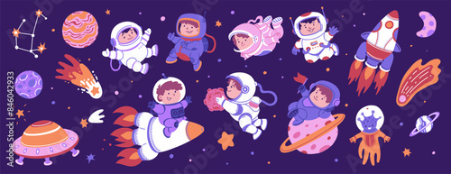 Children's space adventure vector illustration set