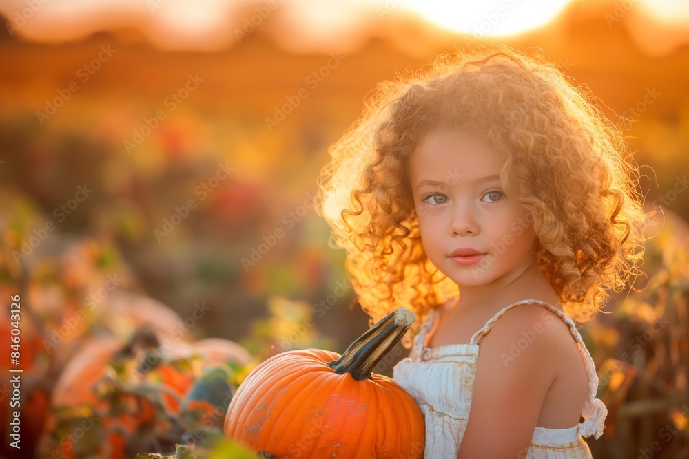 A joyful girl in a pumpkin patch, surrounded by pumpkins and bathed in warm sunlight. Ideal for autumn and holiday themes. A joyful girl in a pumpkin patch, surrounded by pumpkins and bathed in warm sunlight. Ideal for autumn and holiday themes.