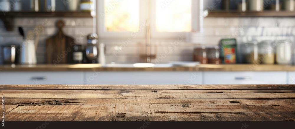 Wooden table top on a blurred kitchen background - perfect for showcasing products or designing captivating visuals. Wooden table top on a blurred kitchen background - perfect for showcasing products or designing captivating visuals.