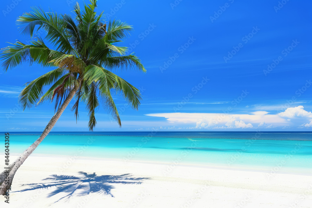 Fototapeta premium A solitary palm tree casting a shadow on a pristine white sandy beach under a bright blue sky