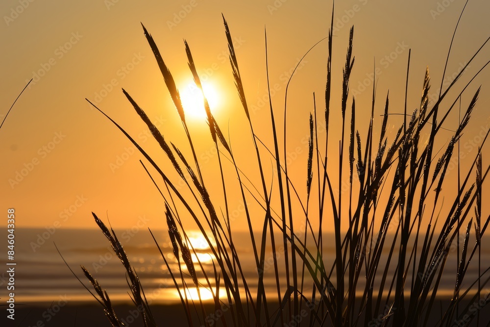 Close-up of tall grass silhouetted against a golden sunset. The warm, glowing light and serene beach setting evoke a sense of peace and tranquility Close-up of tall grass silhouetted against a golden sunset. The warm, glowing light and serene beach setting evoke a sense of peace and tranquility