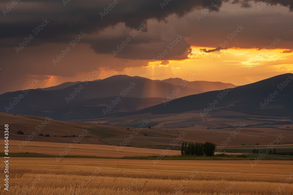 Obraz premium Dramatic sunset over a field with rolling hills and dark clouds
