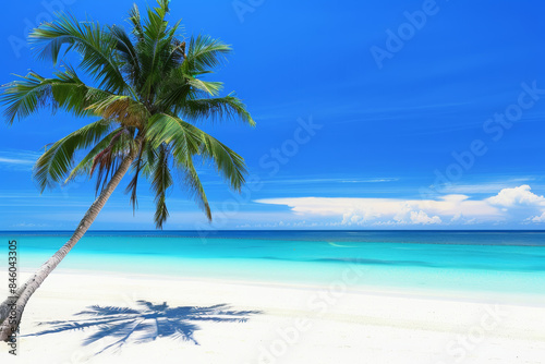 A solitary palm tree casting a shadow on a pristine white sandy beach under a bright blue sky