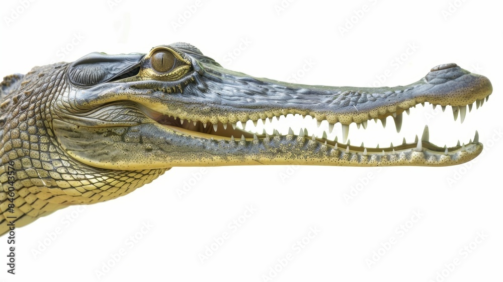 Obraz premium Menacing crocodile bares sharp teeth, showcasing powerful jaws and fixating eyes, exuding aggression and danger