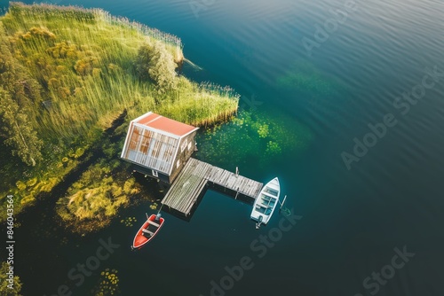 aerial view of a house on a lake among green forests; also near the house on the river there are two boats