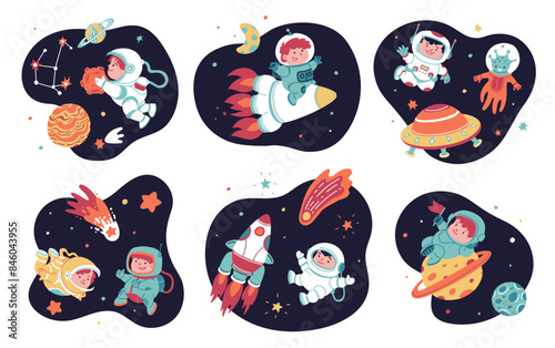 Cartoon flying spaceship, astronaut kid and alien, constellation comet and planets in space vector set, galaxy adventure