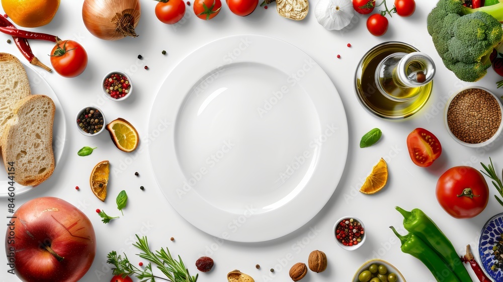 empty white plate around fresh vegetables and different spices oil empty white plate around fresh vegetables and different spices oil