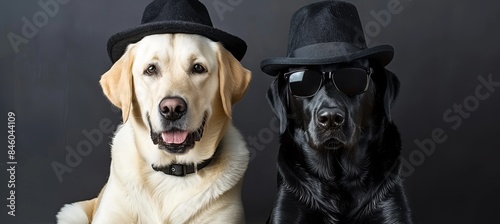 Stylishly adorned canines  cute dogs showcasing trendy hats and fashionable sunglasses photo